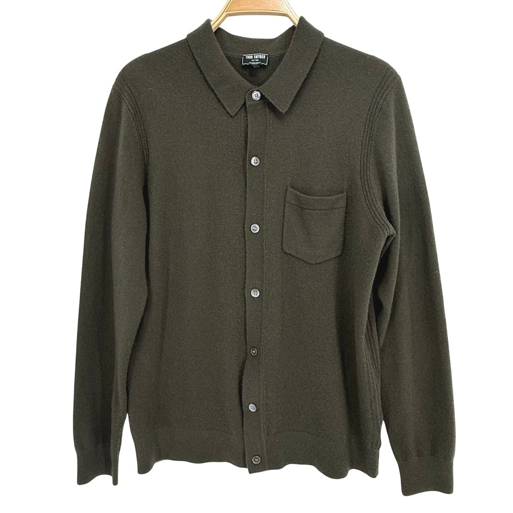 Todd Snyder 100% Cashmere Polo‎ Sweater Mens Medium Olive Green Cardigan